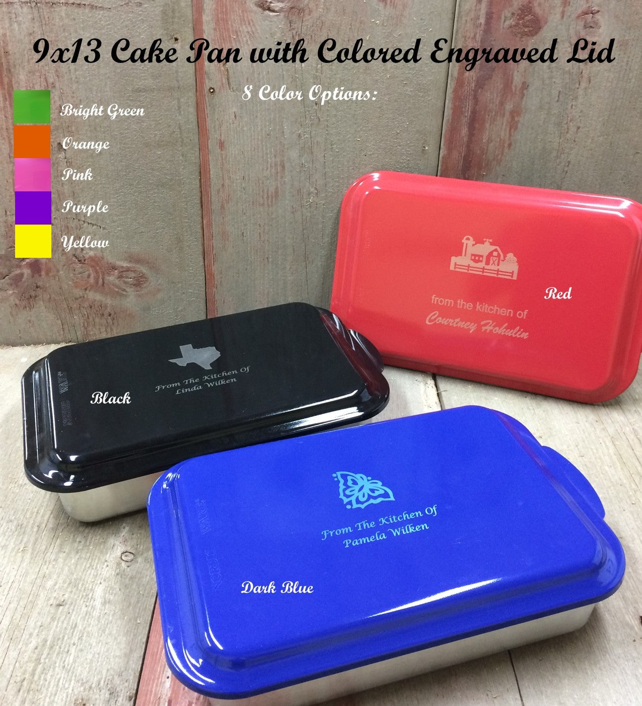 Personalized 9x13 Cake Pan with Colored Engraved Lid