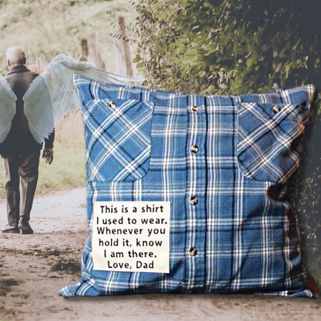 Memory pillow made from a blue and white flannel shirt
